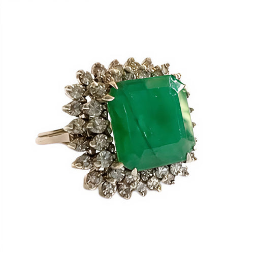 Bague style rétro 1945 en or jaune, diamants et émeraude
