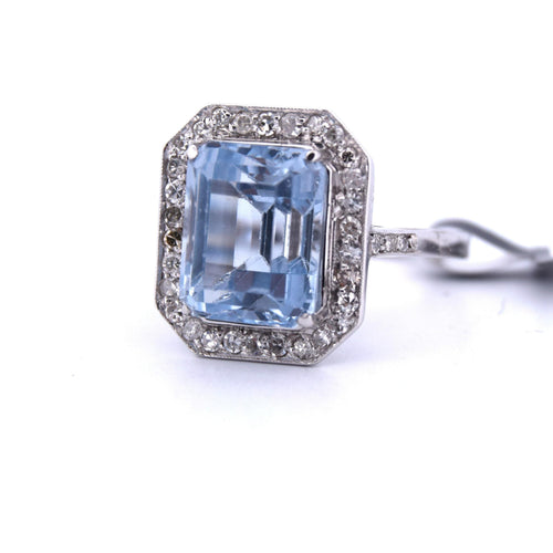 Bague 55 BAGUE EN OR BLANC 18 KT - AIGUE-MARINE ET DIAMANTS - ART DÉCO' 58 Facettes