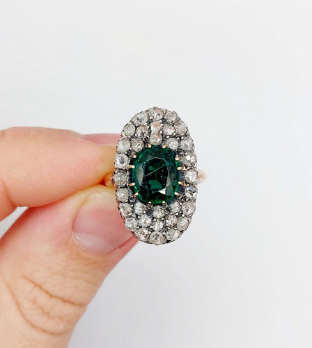 Bague 54 Bague marquise antique en or rose 18k et argent, doublet grenat vert et diamants 58 Facettes A06674