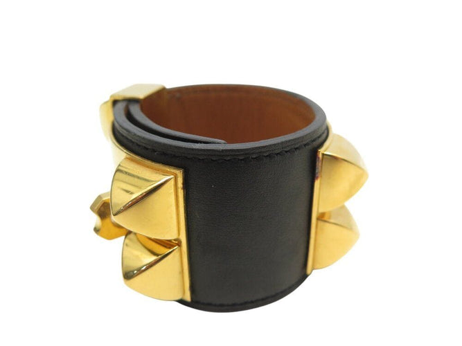 Collier bracelet HERMES collier de chien medor cdc 16cm cuir swift noir metal dore 58 Facettes 268024