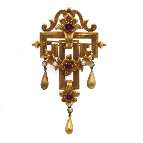 Broche Broche Napoléon III - Or, Demi-perles & Grenats Rhodolites 58 Facettes 250398R
