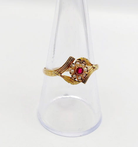 Bague 60 Bague fleur Art nouveau en or 18k, pierre rouge et perles (circa 1900) 58 Facettes A06426