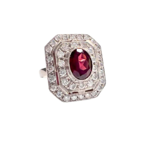 Bague 54.5 Bague en platine de style Art Déco avec diamants et grenat 58 Facettes Q35B