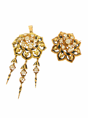 Pendentif Exceptionnel ensemble transformable XIXᵉ – Or 18k , émail noir et diamants taille ancienne 58 Facettes
