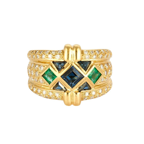 Bague 50 Bague bandeau or jaune, saphirs, émeraudes et diamants 58 Facettes ALGU32