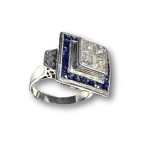 Bague SORTIJA ESTILO ART DECO de PLATINO Y ORO con DIAMANTES y ZAFIROS 58 Facettes Q600A