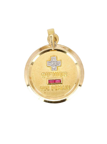 Pendentif Médaille amour AUGIS ronde Plus qu'hier moins que demain or jaune rubis diamants 58 Facettes 1102