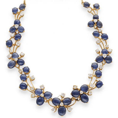 Collier Collier en or jaune 18k serti de saphirs cabochons (10 ct) et diamants (2 ct) – Vers 1980 58 Facettes FB10781