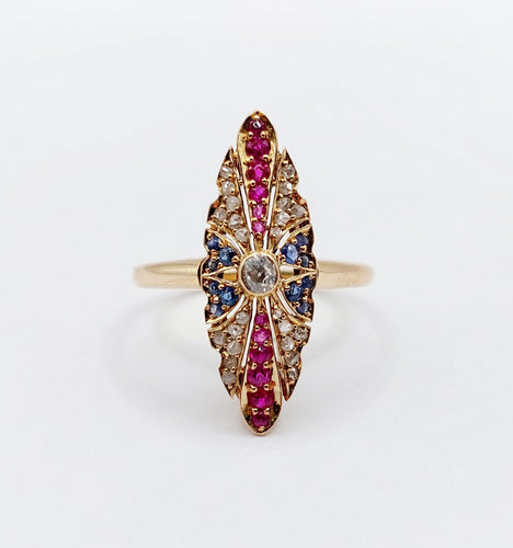 Bague 56 Bague marquise art deco or rose 18k diamant taille ancienne, diamants tailles roses, rubis et saphirs (circa 1920) 58 Facettes A05470