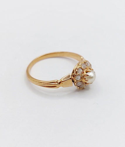 Bague 48.5 Bague marguerite antique or rose 18k perle et diamants taille roses (circa 1900) 58 Facettes A06176