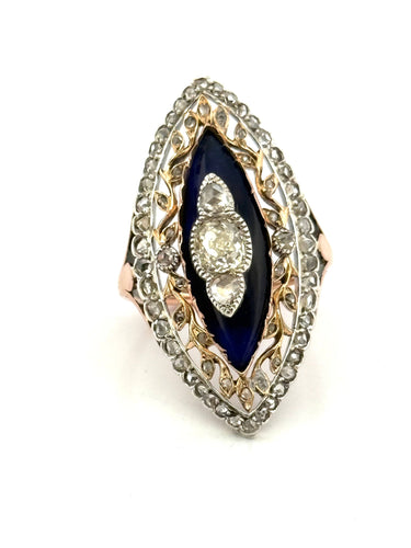 Bague Belle Époque marquise or et argent, diamants anciens
