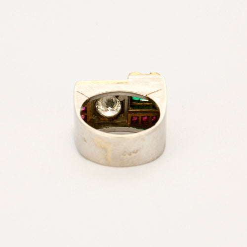 Bague 47.5 Bague Tank platine et or jaune, émeraude, rubis et diamants 58 Facettes 250212