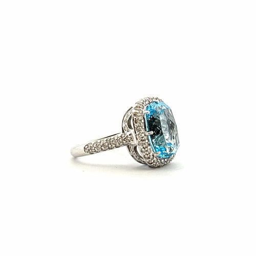 Bague 56 Bague or blanc topaze bleue et diamants 58 Facettes