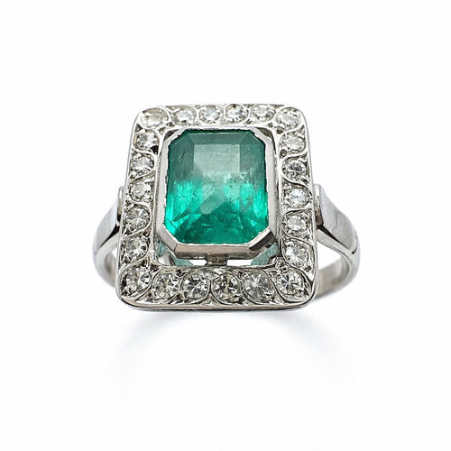 Bague 54 Bague Art Déco en or blanc avec diamants et émeraudes 58 Facettes 50367