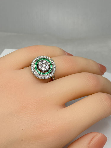 Bague style Art Déco Diamants Emeraudes