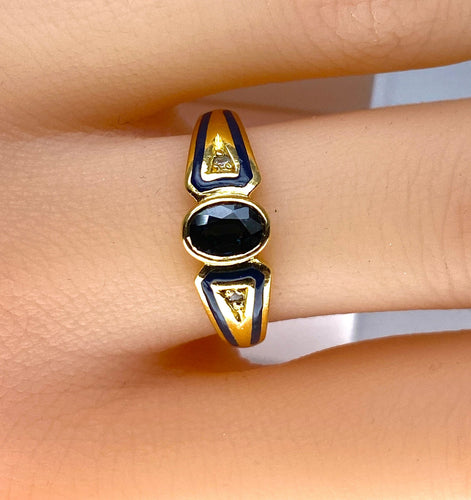 Bague 53 Bague saphir ovale et diamants en or jaune 18 carats et émail 58 Facettes AB676