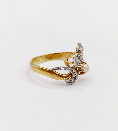 Bague 52 Bague toi et moi antique or 18k diamant taille rose et perle (circa 1900) art nouveau 58 Facettes A05423