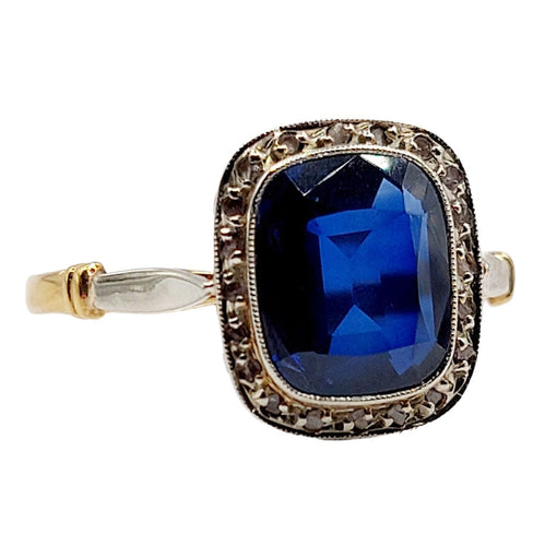 Bague art déco or jaune, saphir synthétique et diamants