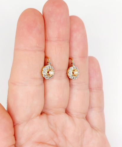 Dormeuses marguerite antique or 18k perle et diamants taille roses (circa 1900)