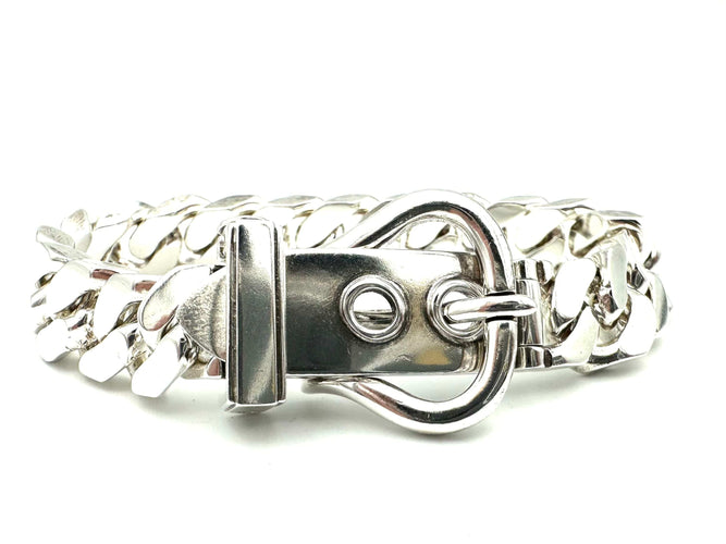 Bracelet HERMES. Collection "Boucle sellier", bracelet vintage argent MM 58 Facettes