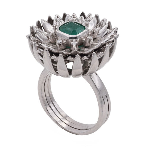 Bague 53 Bague Fleur Or gris Diamants Emeraude 58 Facettes