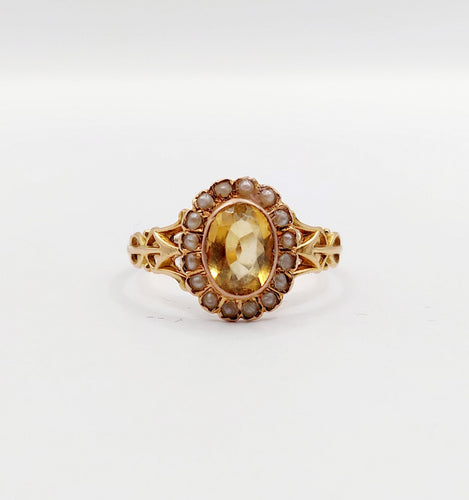 Bague 56 Bague marguerite antique citrine et perles en or rose 18k (circa 1900) 58 Facettes A01952