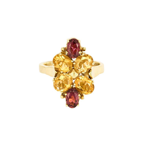 Elégante Bague cocktail  en or jaune, citrines et tourmalines