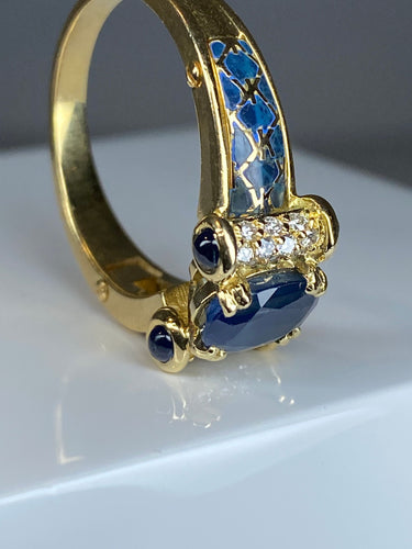 Bague 56 KORLOFF - bague saphirs, diamants, émail bleu 58 Facettes