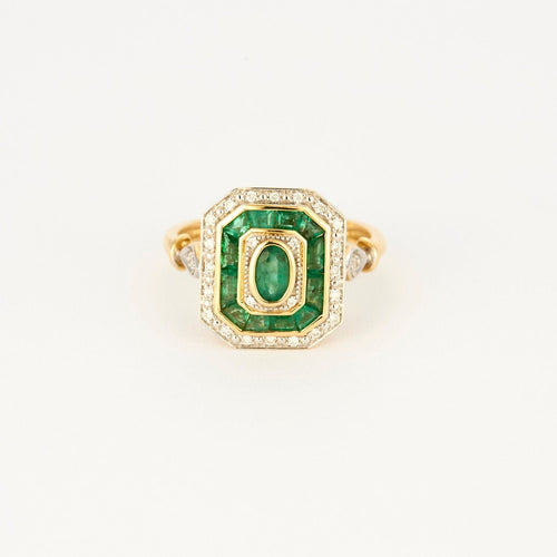 Bague 54 Bague style Art Déco or jaune, diamants et émeraudes. 58 Facettes