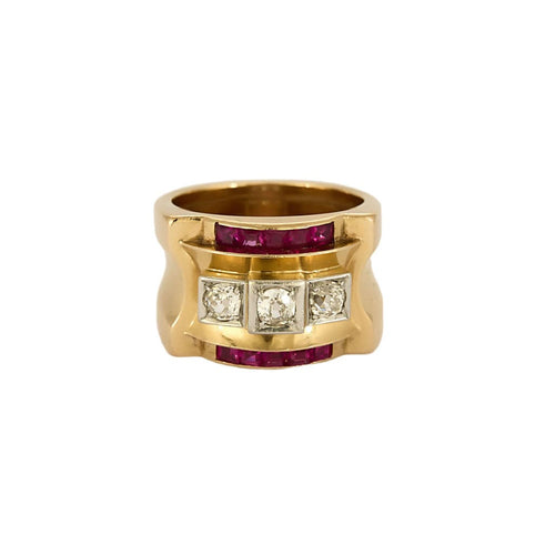 Bague 56 Bague Tank en or jaune, platine, diamants et rubis de synthèse 58 Facettes PER1647