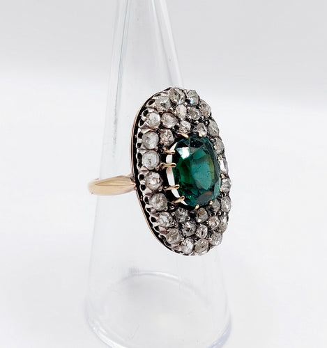 Bague 54 Bague marquise antique en or rose 18k et argent, doublet grenat vert et diamants 58 Facettes A06674