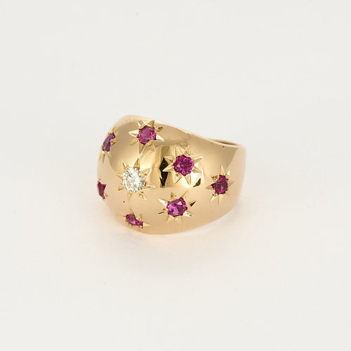 Bague dôme en or jaune, diamant et rubis de synthèse