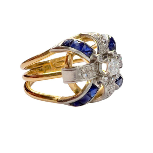 Bague Bague rétro des années 40 en or et platine avec diamants et saphir 58 Facettes CH52(04553)