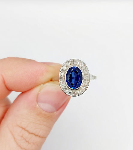 Bague 56 Bague pompadour or blanc et platine, saphir, diamants taille rose (circa 1910) 58 Facettes A04541