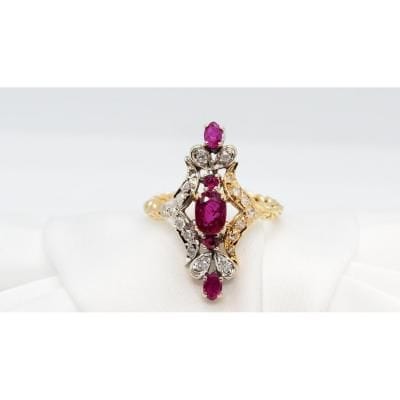 Bague 51 Bague Marquise En Or Bicolore, Rubis Et Diamants 58 Facettes 29171