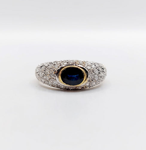 Bague jonc vintage or jaune 18k saphir naturel et pavé de diamant