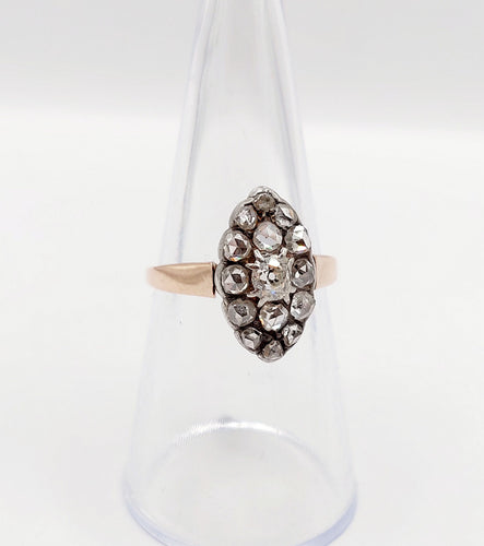 Bague 54 Bague marquise antique en or rose 18k et argent, diamant et diamants roses 58 Facettes A06417