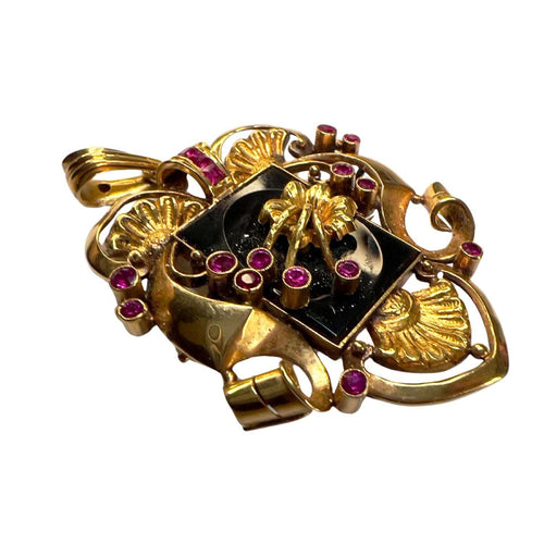Pendentif Pendentif/broche en or jaune 1900 avec onyx et rubis 58 Facettes Q342B