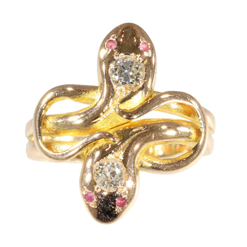 Bague 58 Élégance symbolique : bague antique double serpent avec diamants et rubis 58 Facettes 24278-0102