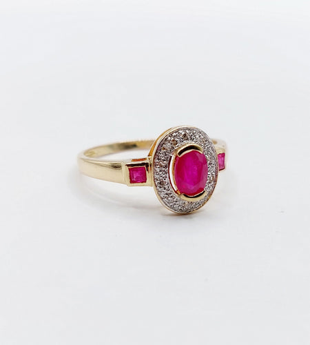 Bague 55 Bague pompadour vintage or jaune, rubis, diamants et de rubis carrés 58 Facettes A05077
