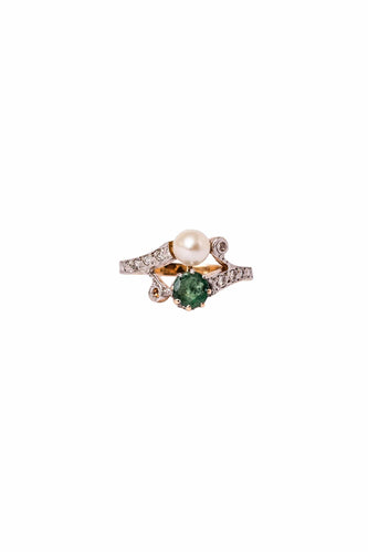 Bague 52 Bague Toi et Moi en or jaune, or blanc perle et émeraude 58 Facettes