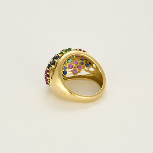 Bague 54 Bague cocktail en or jaune , rubis, saphirs et émeraudes. Style Tutti frutti. 58 Facettes SBR2071