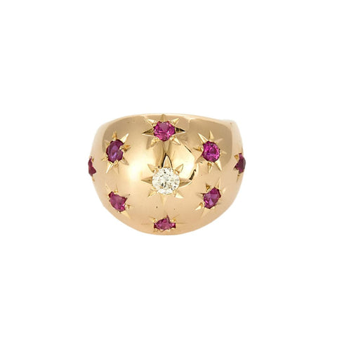 Bague dôme en or jaune, diamant et rubis de synthèse
