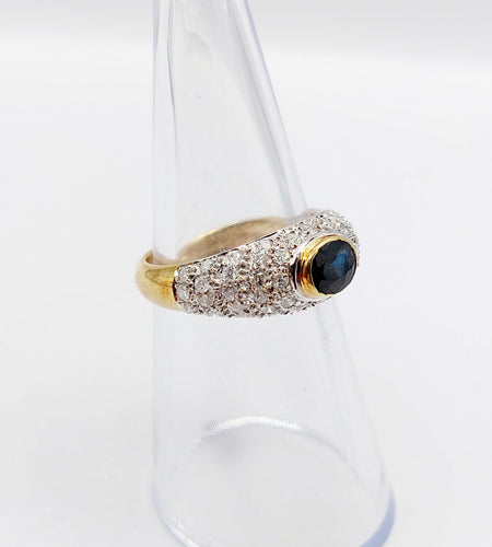 Bague jonc vintage or jaune 18k saphir naturel et pavé de diamant