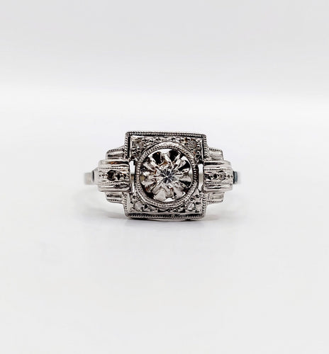 Bague 55.5 Bague Tank Art Déco or blanc, diamants et monture géométrique (circa 1920) 58 Facettes A06221