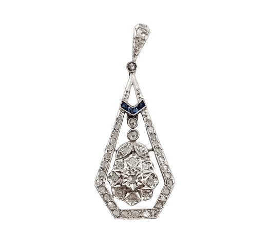 Pendentif Pendentif fleur Art déco en or blanc 18k avec diamants taille roses et saphirs 58 Facettes A06507