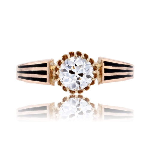 Bague 56 Bague solitaire ancienne diamant et émail noir 58 Facettes 24-192