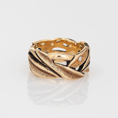 Bague Vintage Diamond Leaves Band Sz 6.75 Ring 9mm 14k Yellow Gold Wide Leaf Jewelry 58 Facettes G12840