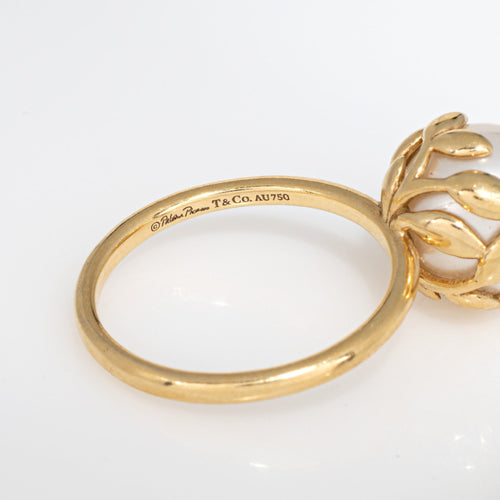 Bague 52 Bague Tiffany & Co en or jaune 18 carats avec perle et feuille d'olivier Paloma Picasso 58 Facettes G13861