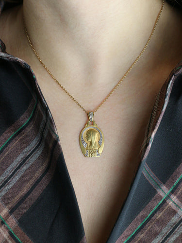Pendentif Médaille religieuse Art Deco Vierge de profil or jaune diamants taille rose 58 Facettes 1102.3